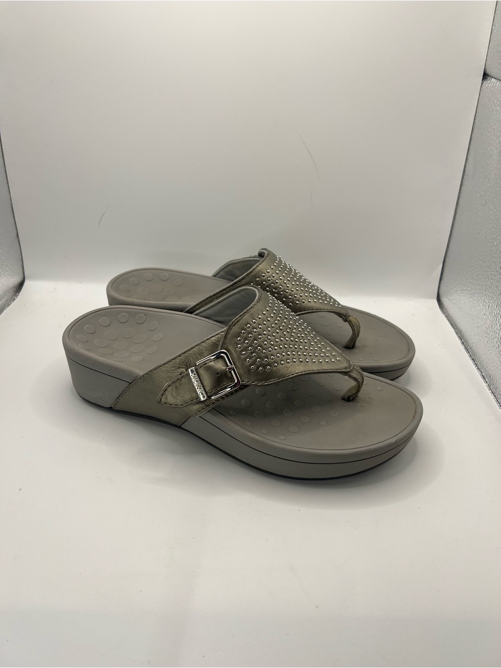 Vionic Metallic Gray Studded Thong Sandals - Picture 3 of 12